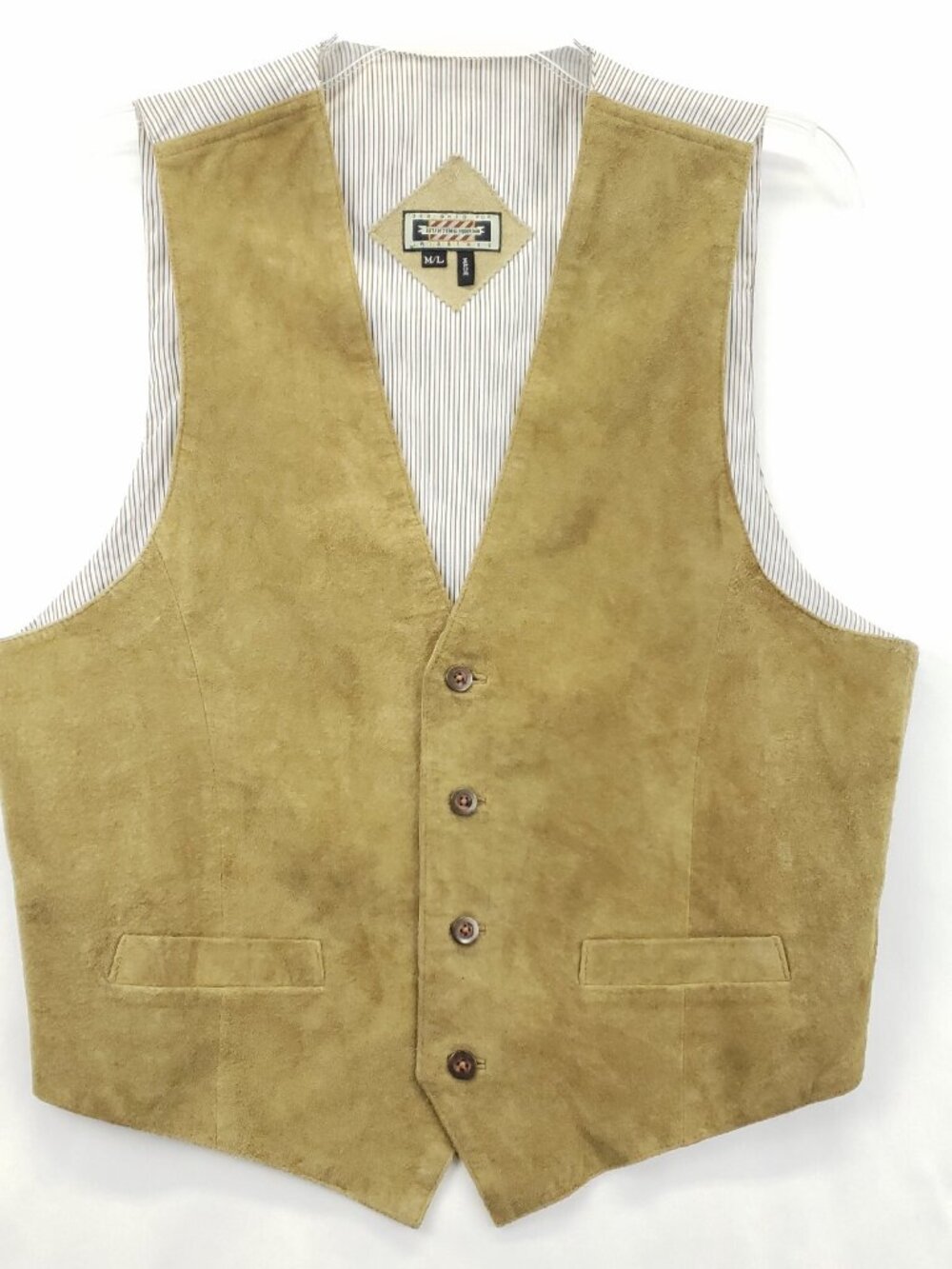 Hunting Horn J Riggings Vest Waistcoat Mens M/L Tan White Leather Pockets V-Neck